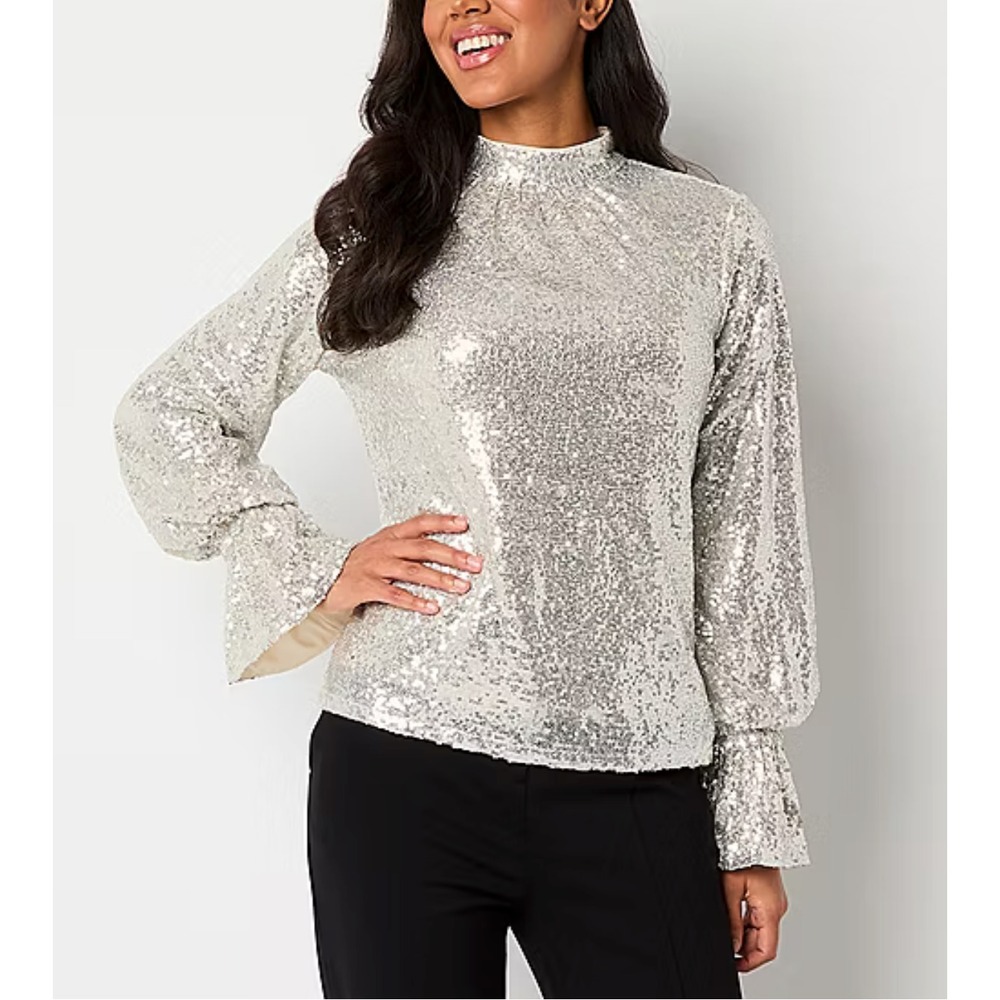 Women's XL Champagne Silver Sequin Draped‎ Back Lined Flare Sleeve Bold Elements